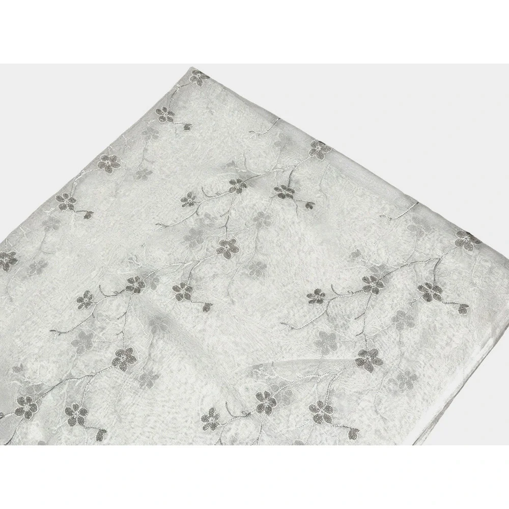 Stunning Sheer Embroidered Shower Curtain White Fabric Silver Metallic Design